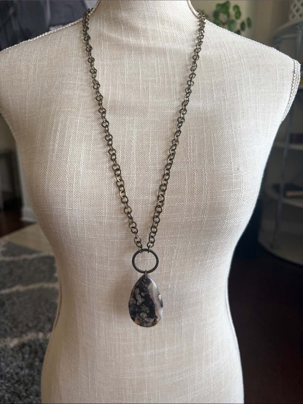 15” drop Women’s Flower Agate Teardrop Pendant Necklace on long antique chain.